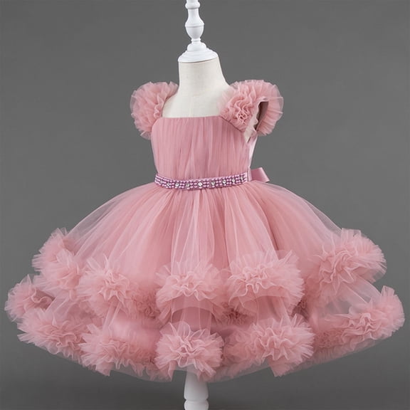 Pejock Girls Princess Lace Dress - Summer Short Sleeve Ruffle Embroidery Mesh with Bow, Round Neck Casual Party Outfit, Church Holiday Birthday Gown for Toddler to Kids (Size 90-140)
