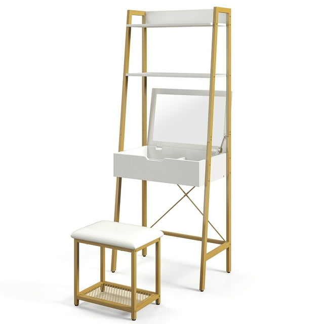 Costway Vanity Table Set Flip Top Mirror Ladder Storage Shelf Cushioned Stool White