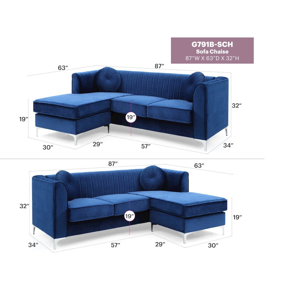 Glory Furniture Delray Sofa Chaise in Navy Blue Color