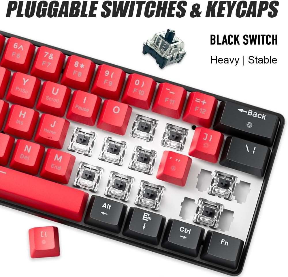 60% Mechanical Gaming Keyboard Balck Wired Compact Keyboard Anti-Ghosting No-Conflict 61 Swappable keycaps Design for Windows/