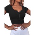 thumbnail image 1 of FOCUSNORM Women Short Sleeve Knit Blouse Solid Color V-neck Slim Short Top, 1 of 3