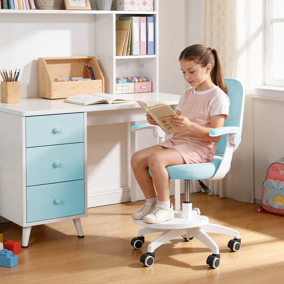 Thehsnt Kids Desk Chair with Adjustable Footrest & Flip Armrest – 360° Swivel Mesh Computer Chair for Home Bedroom Learning
