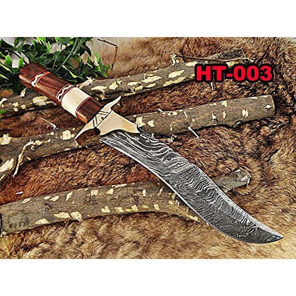 15" Long hand forged Damascus steel hunting Knife, Natural camel Bone and Walnut wood with engraved brass handle, Cow hide Leather sheath with belt loop