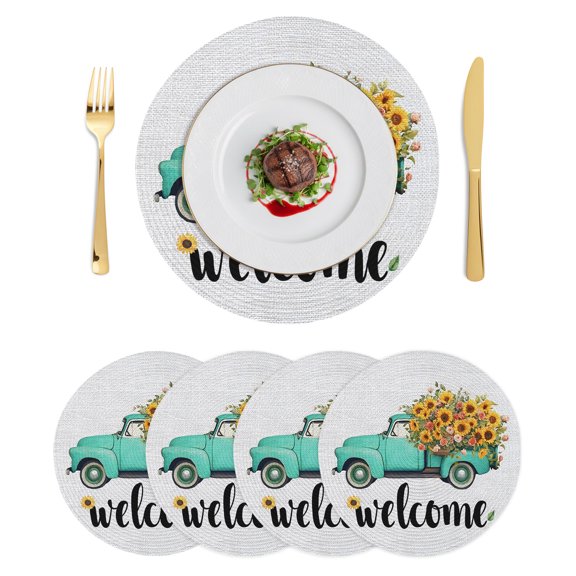 Round Placemats Farmhouse Spring Floral 15 inch Set of 4 Table Mats for Dining Table Truck Sunflowers Welcome Heat Resistant Non-Slip Kitchen & Home Decorative Place Mat Set