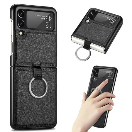 Carcasa Para Samsung Z Flip 3 Cuero Negro Premium Con Anillo