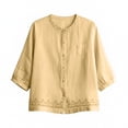 thumbnail image 4 of Ayolanni Button Down Summer Blouses for Women Scoop Neck Solid Cotton Linen 3/4 Sleeve Blouse Textured Oversized Pockets Tees Tops for Women Yellow XL, 4 of 7