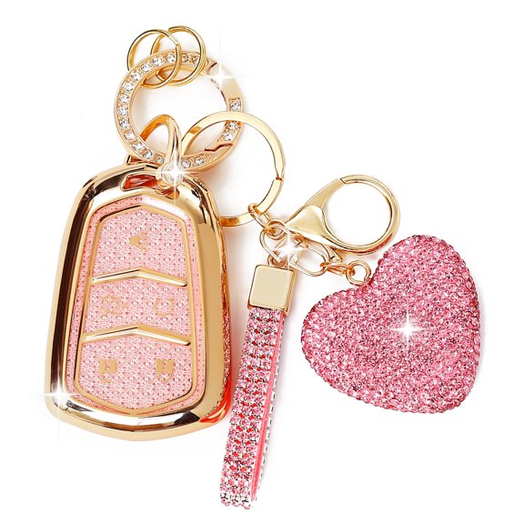 Compatible with Cadillac Key Fob Cover with Heart Keychain for Women, Compatible with Cadillac Escalade ATS CTS STS SRX XT5 CT6 Smart Remote Key Protector
