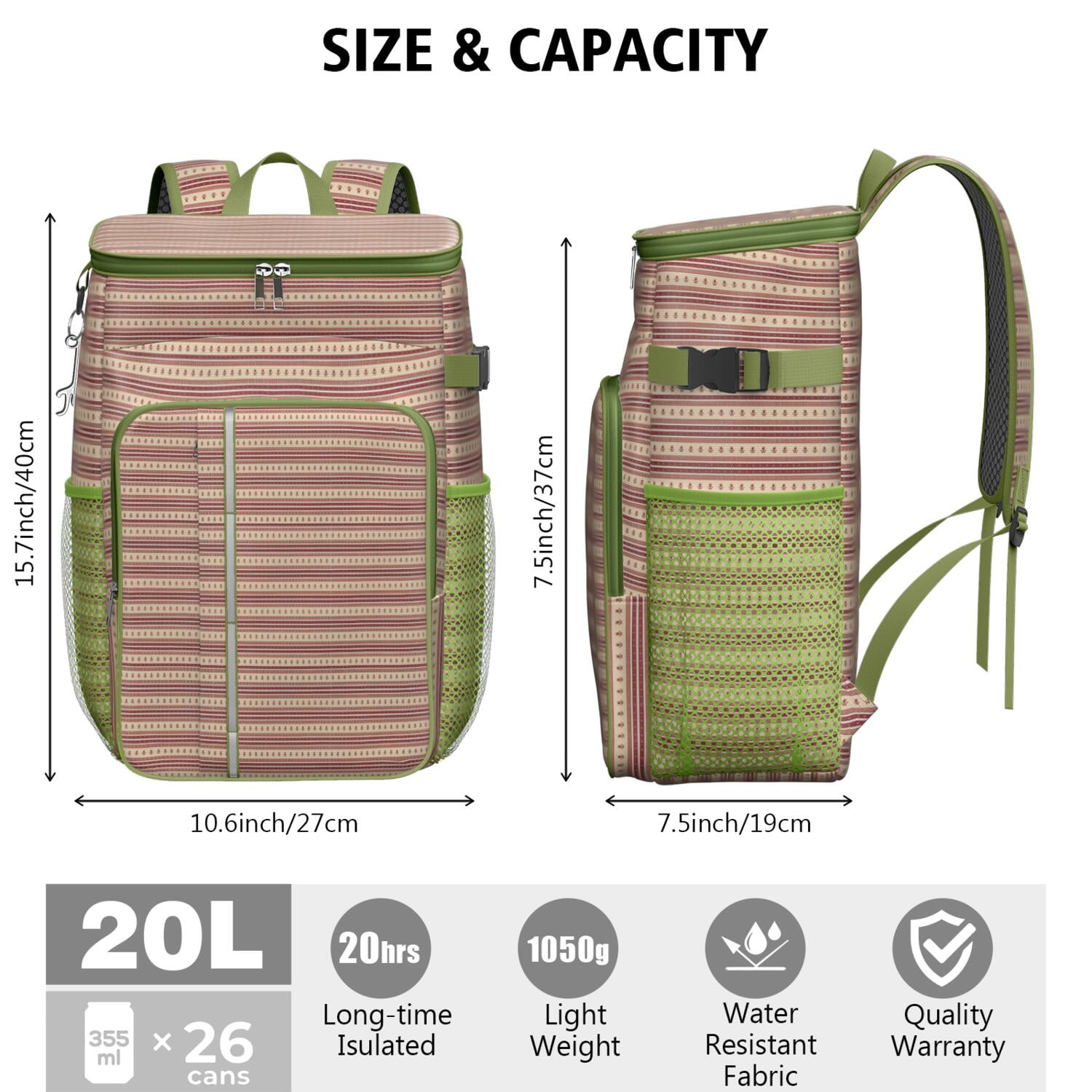 Travel Cooler Bag - Brown and Red Christmas Striped Pattern Camping Beer Cooler Backpack with Bottle Opener- Waterproof Insulated Picnic Backpacks - Cooler Bag for Beach