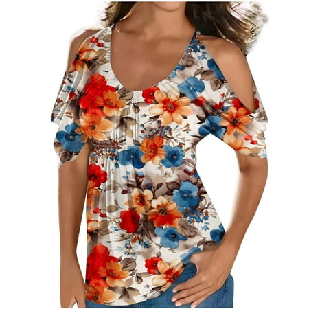 

Tops for Women Casual Summer Women Classic Flower Print Crewneck Short Sleeve Off Shoulder Tunic Tops T-shirt Blouse Cold Shoulder Work Blouse Orange 4XL