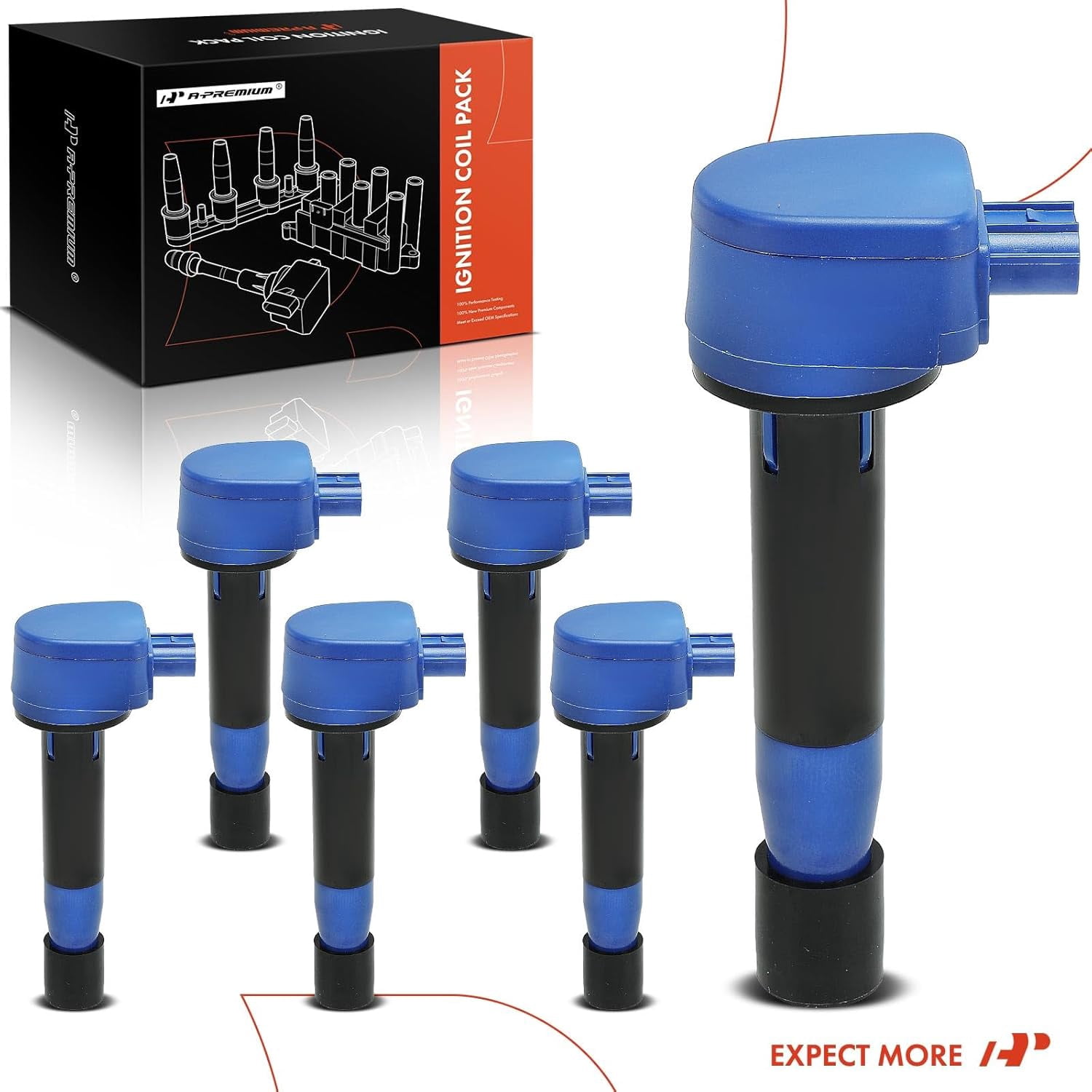 A-Premium (Blue) Engine Ignition Coil Pack Compatible with Honda Accord 08-12, Accord Crosstour 10-11, Pilot 09-15, Odyssey 08-17, Ridgeline 09-14, Crosstour & Acura MDX, RDX, TSX, TL, ZDX, 6-PC Set