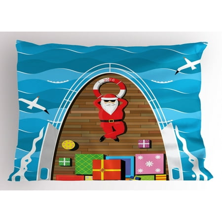 Kings Father Christmas Lyrics Santa Pillow Sham Father Christmas Lying on the Deck of a Yacht at Sea Carrier of Surprise Presents, Decorative Standard King Size Printed Pillowcase, 36 X 20 Inches, Multicolor, by Ambesonne ()