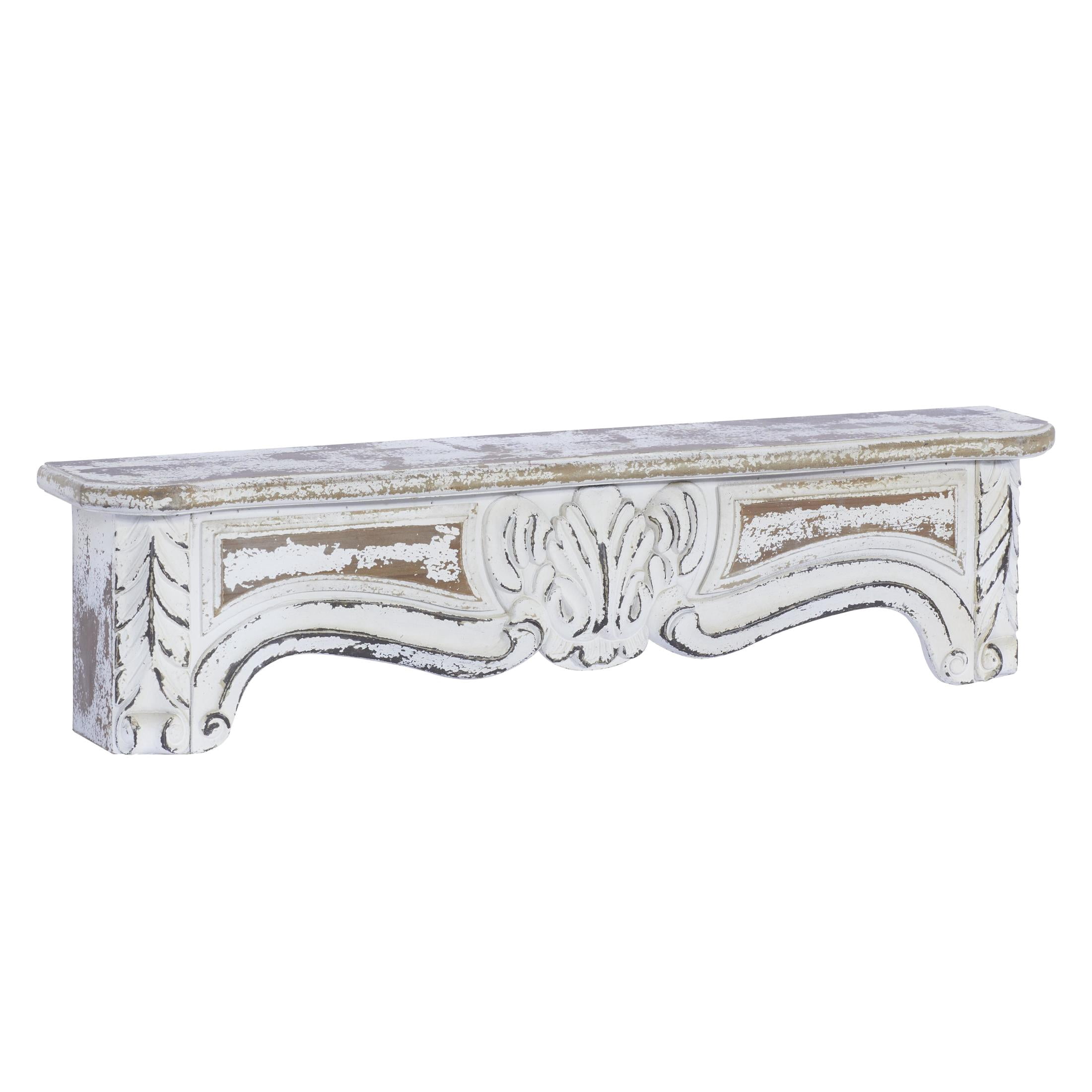 DecMode 36" x 6" Distressed 1-Tier White Scroll Wall Shelf