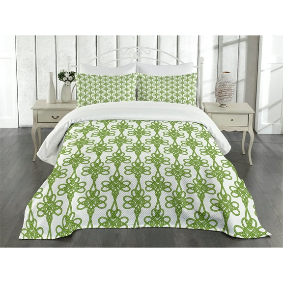 Ambesonne Irish Quilted Bedspread Set 3 Pcs, Entangled Clover Leaves, King Size, Cream Green