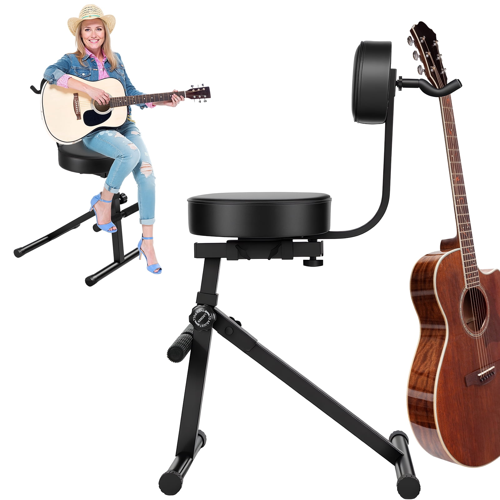 Adjustable Guitar Stool with Backrest & Footrest, Foldable Padded Seat for Electric Guitar Violin Bass, Integrated Guitar Holder for Home Studio & Performances