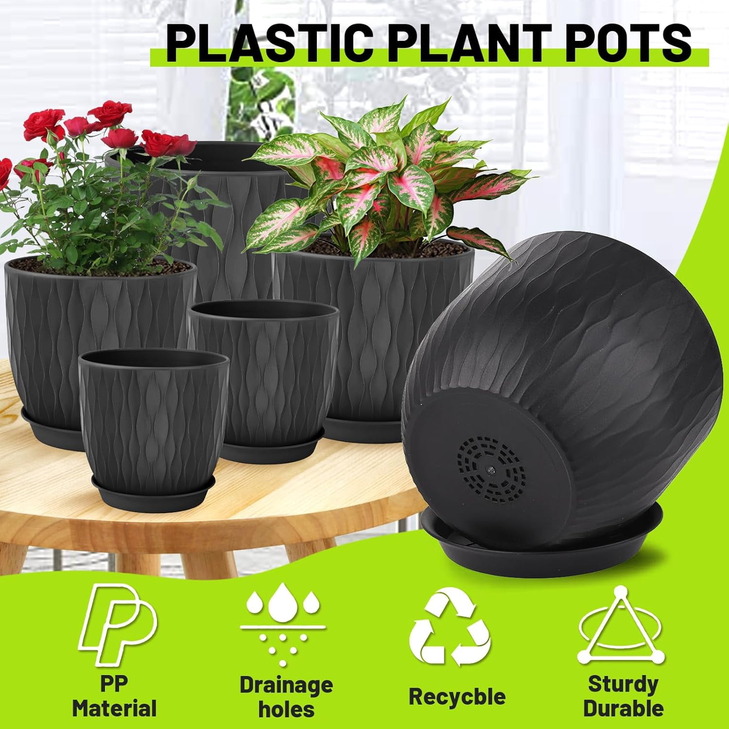 Set of 5 Plastic Plant Pots, 10 9 8 7.5 7 Inch Flower Planters with Drainage & Saucers, Black