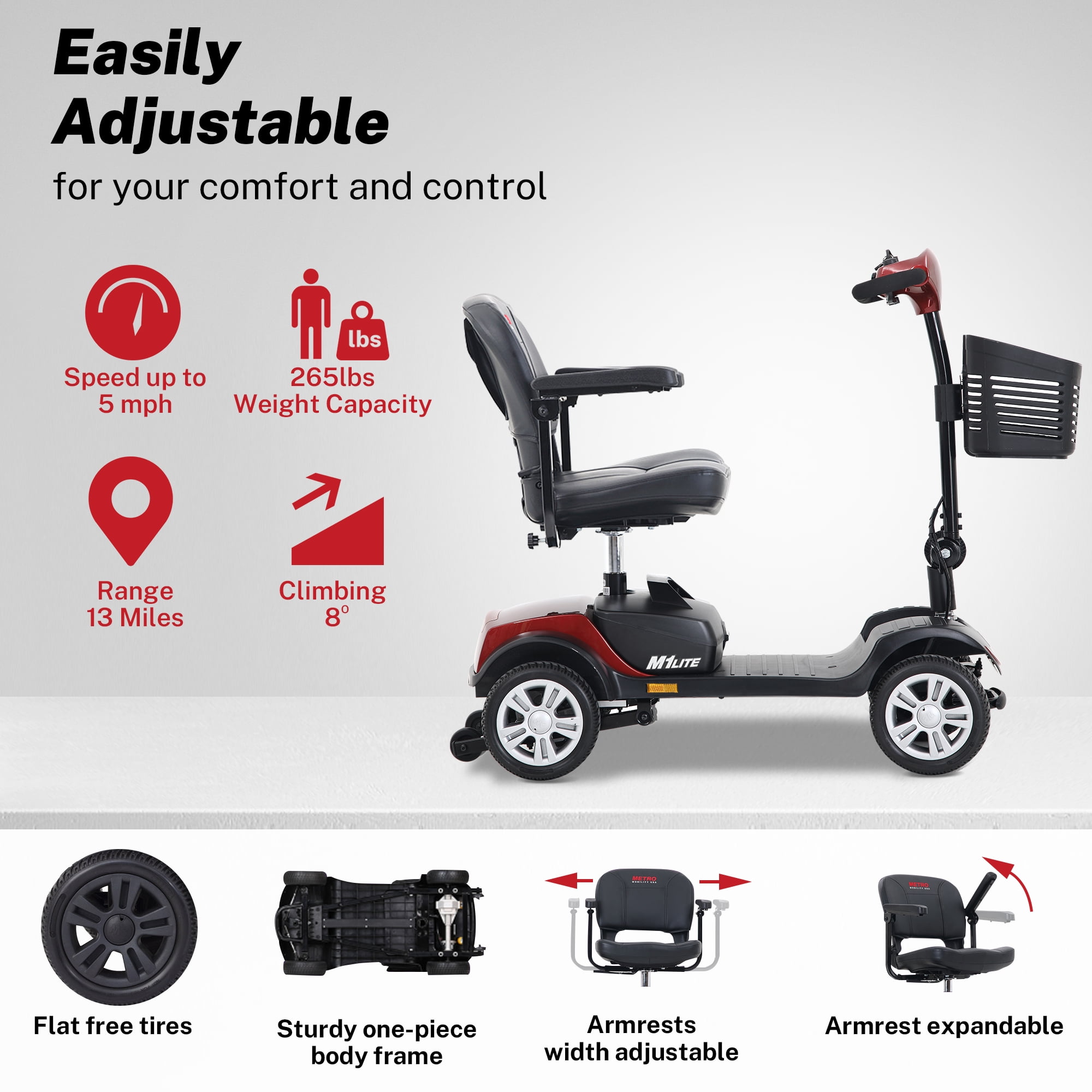 Segmart 4 Wheels Mobility Scooters for Seniors Best Gift,Foldable Wheelchair Device for Adults,Heavy Duty Medical Scooter Up to 20 Miles & 330lb Capacity, Red