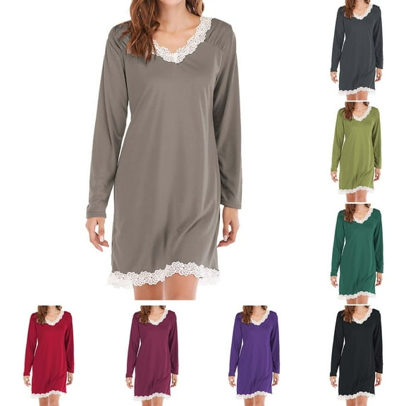 Long Sleeve Nightgown V Neck Sleepshirt Lace Detail Casual Sleep Dress Comfortable Nightwear