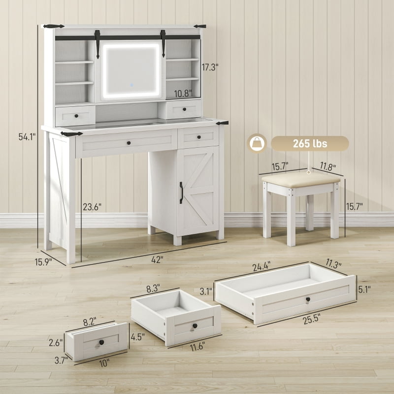 HOQBN Vanity Desk Set with Mirror and Lights, Cushioned Stool, Storage Drawer, Cabinet, and Shelves for Bedroom, White