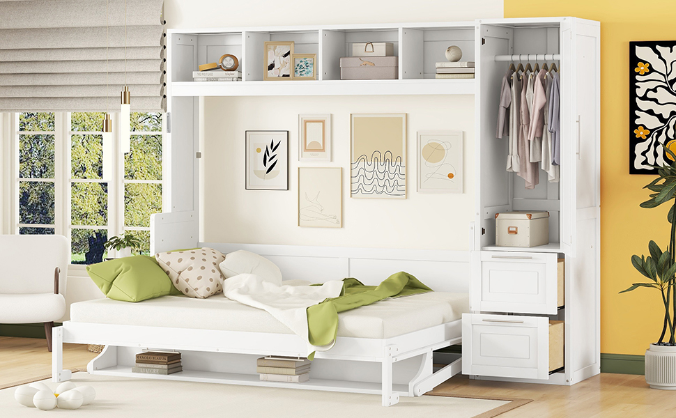 Mintazer Queen Size Murphy Bed with Top Shelf & Wardrobe, Modern Foldable Wall Bed with Drawers for Bedroom Apartment Guest Room, White