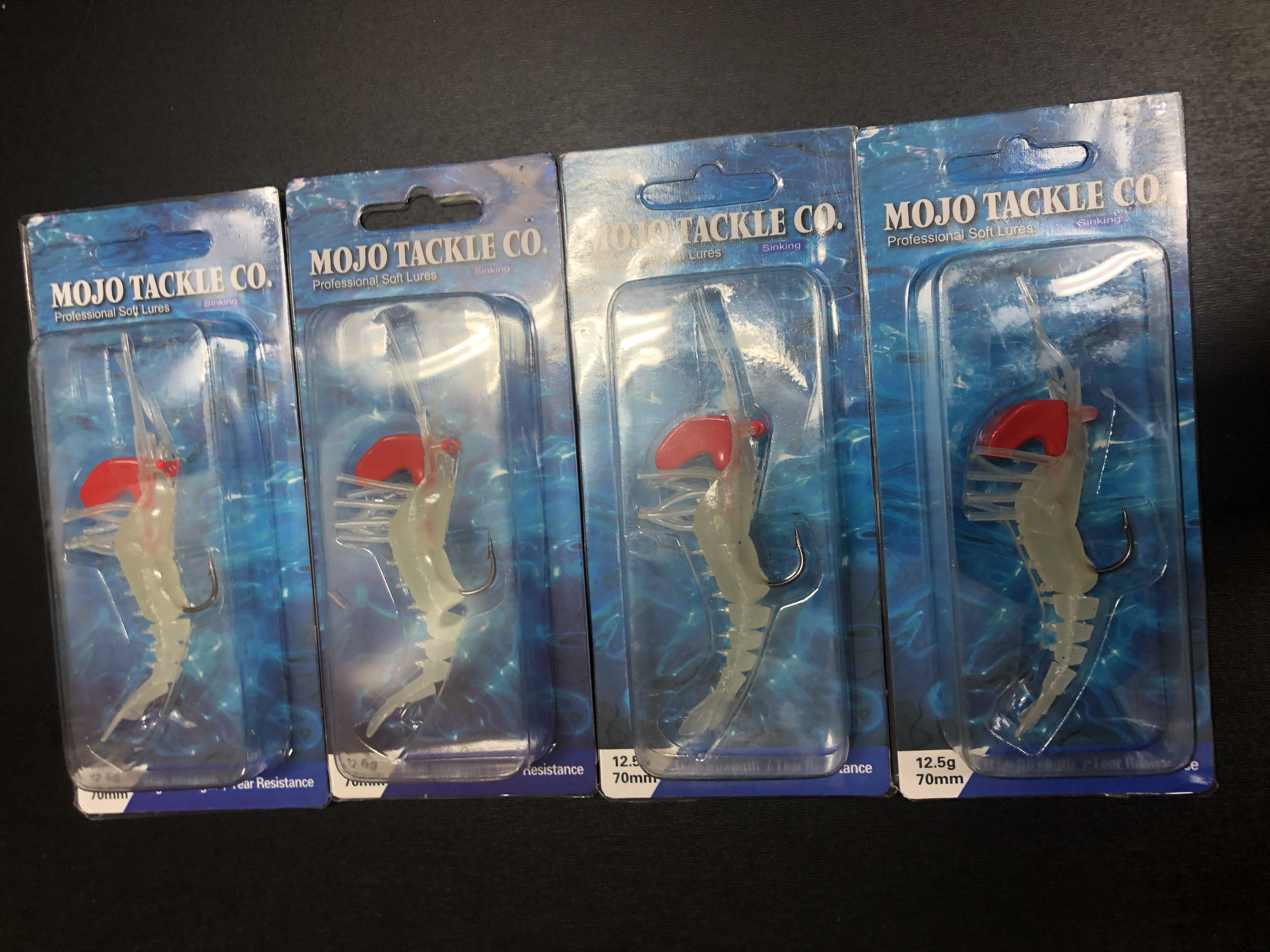 4 Piece Set 12g 70mm Mojo Tackle Co. Artificial Shrimp Lures GLOW 