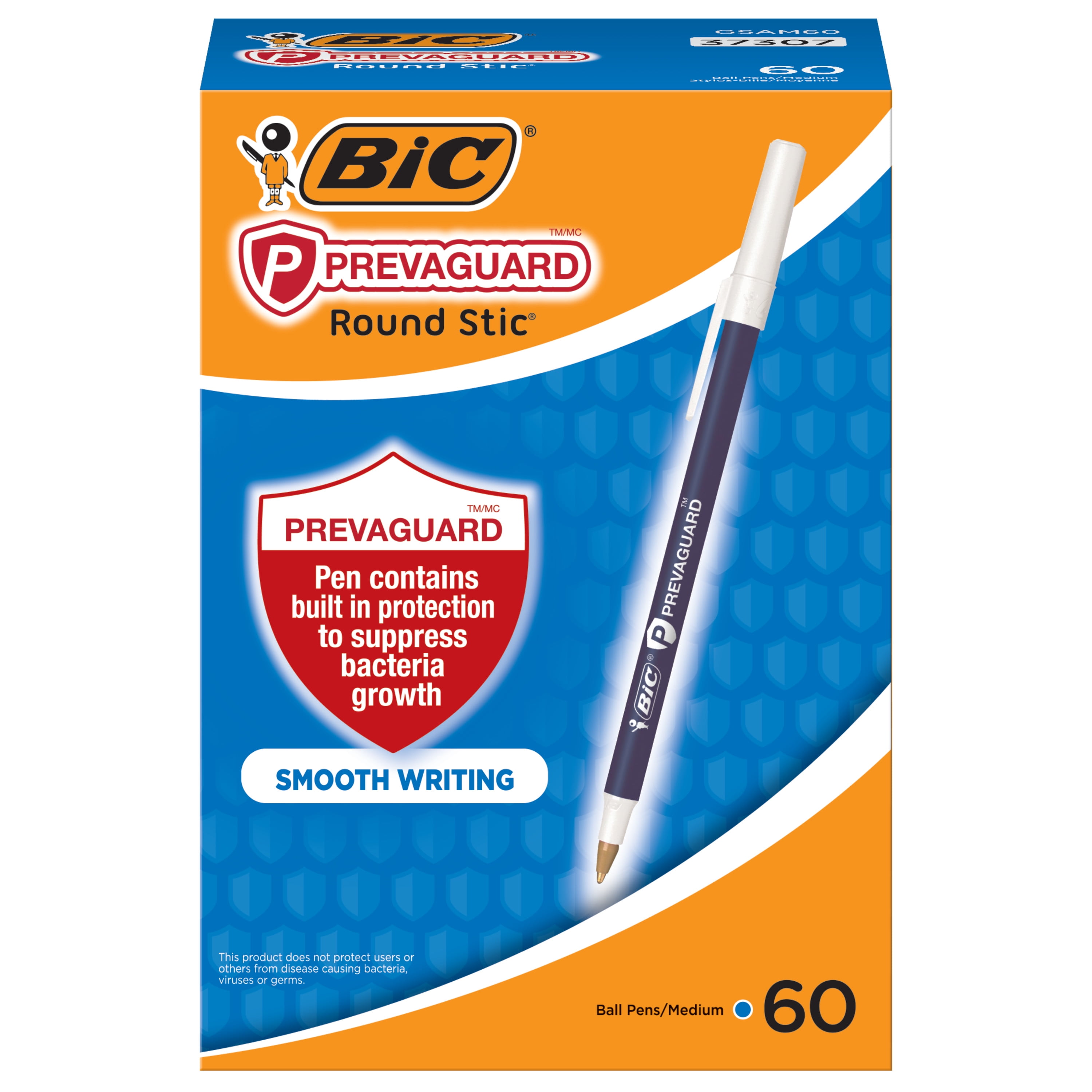 BIC PrevaGuard Round Stic Pens, Medium Point (1.0mm), Blue, 60 Count