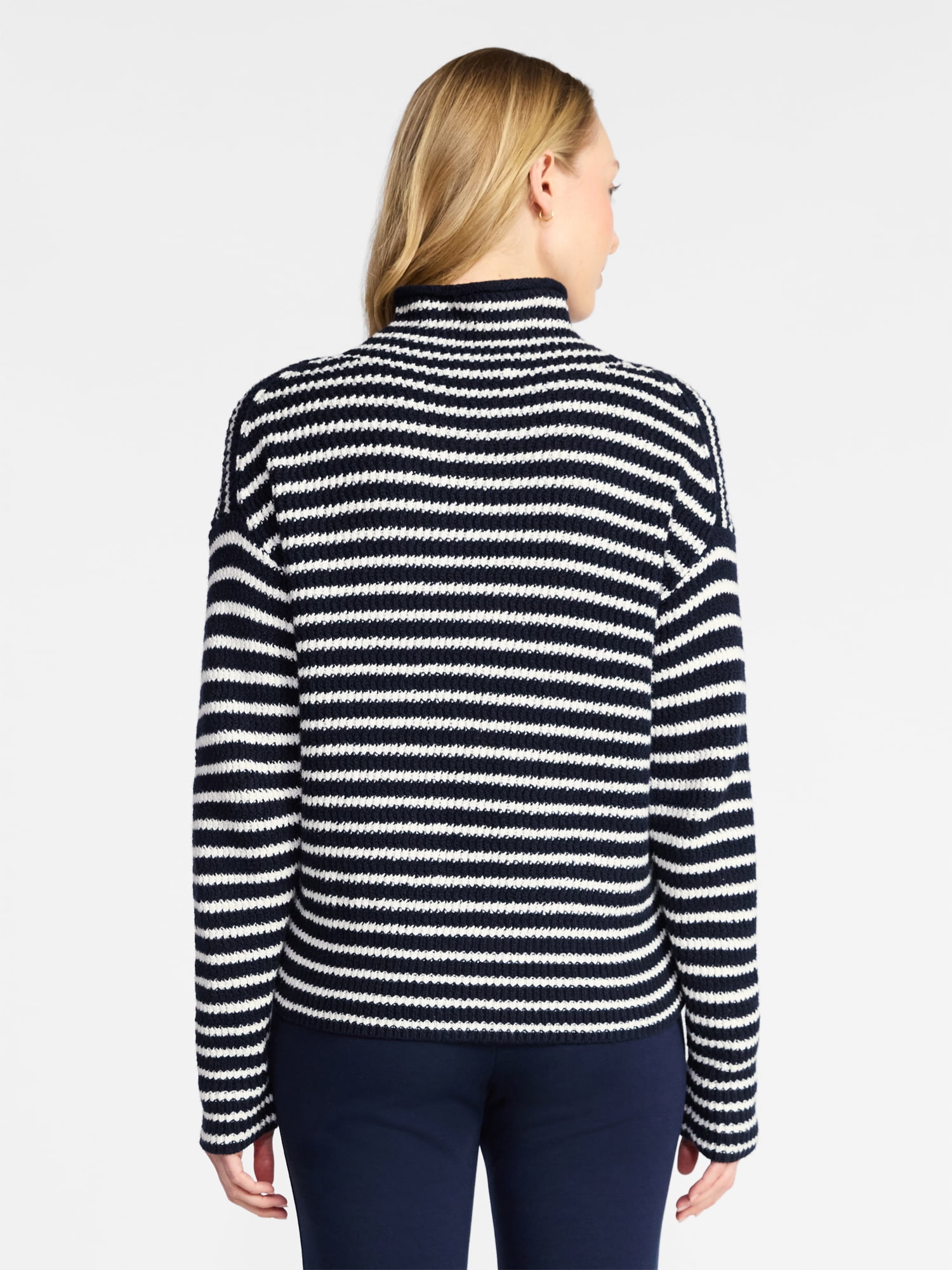 Time and Tru Women's Stripe Funnel Neck Sweater with Long Sleeves, Midweight, Sizes, XS-XXXL