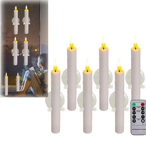 Tutuviw 6 Pcs Plastic LED Flameless Window Candles with Sensor Dusk to Dawn Battery Operated Flickering Taper Candlesticks with Suction Cups Christmas Window Candle Warm Glow for Festival Decoration