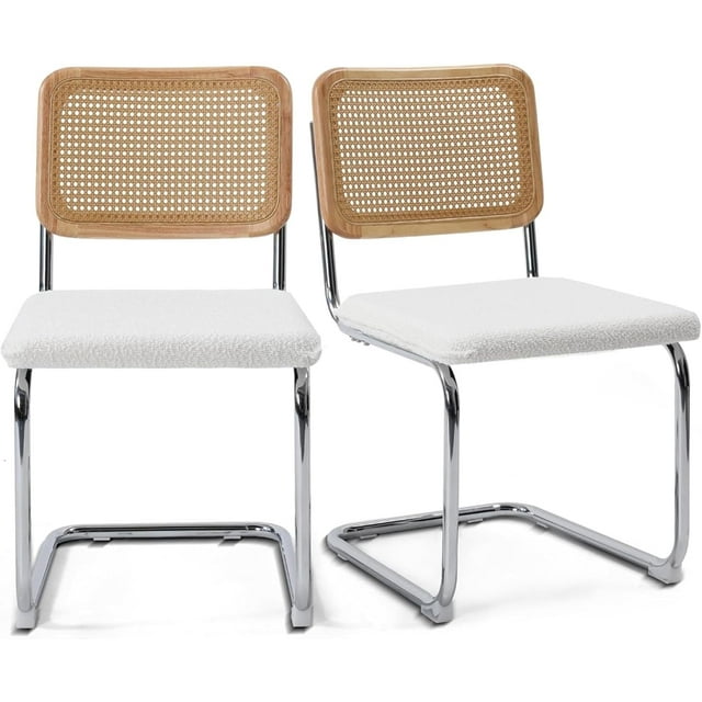 LivinVeluris Set of 2 Modern Rattan Dining Chairs, Mid-Century Dining Side Chairs, Cane Dining Chairs with Teddy Velvet, Armless Kitchen Chairs (Chrome Frame with White Cushion)
