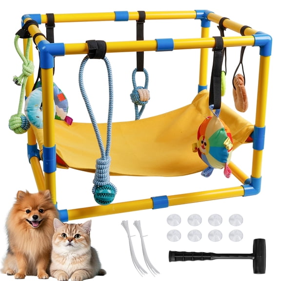 JDNRXO Puppy Play Gym with Hammock - 8 Hanging Toys & Enrichment Center for Small Dogs, Adjustable PVC Indoor Jungle Gym with Bungee Straps