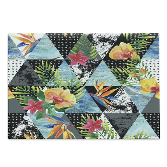 Watercolor Cutting Board, Exotic Flowers Leaves Grunge Textures Marble Triangles Geometric Abstract Print, Decorative Tempered Glass Cutting and Serving Board, Large Size, Multicolor, by Ambesonne