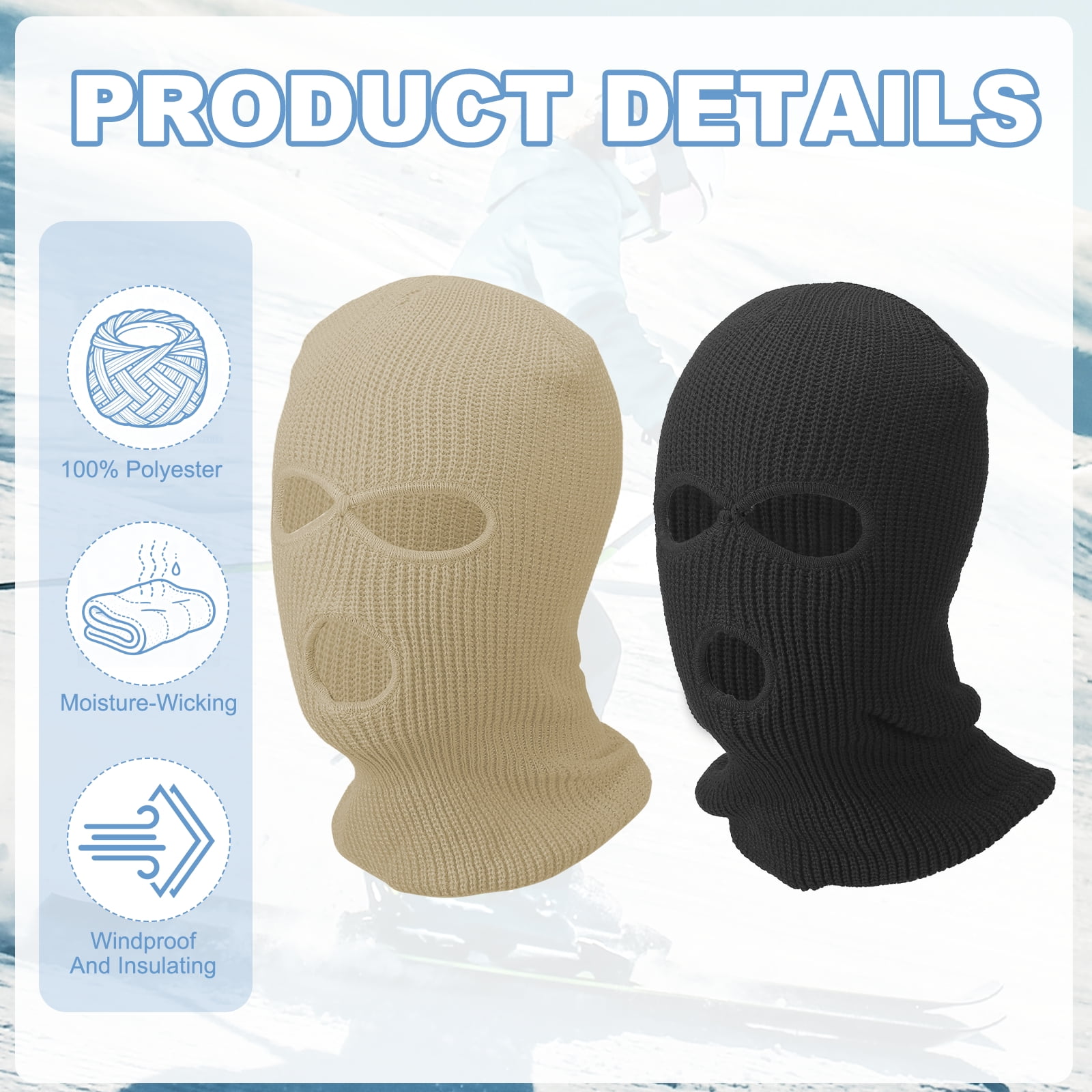 Uxcell 3-Hole Full Face Mask Cover, Ski Mask Knitted Warm Knit Cover Winter Balaclava Face Mask Cap Ski Polyester& 2 Pcs& Black/Beige -Fitting for(Men/Women/Winter Outdoor Sports/Skiing)