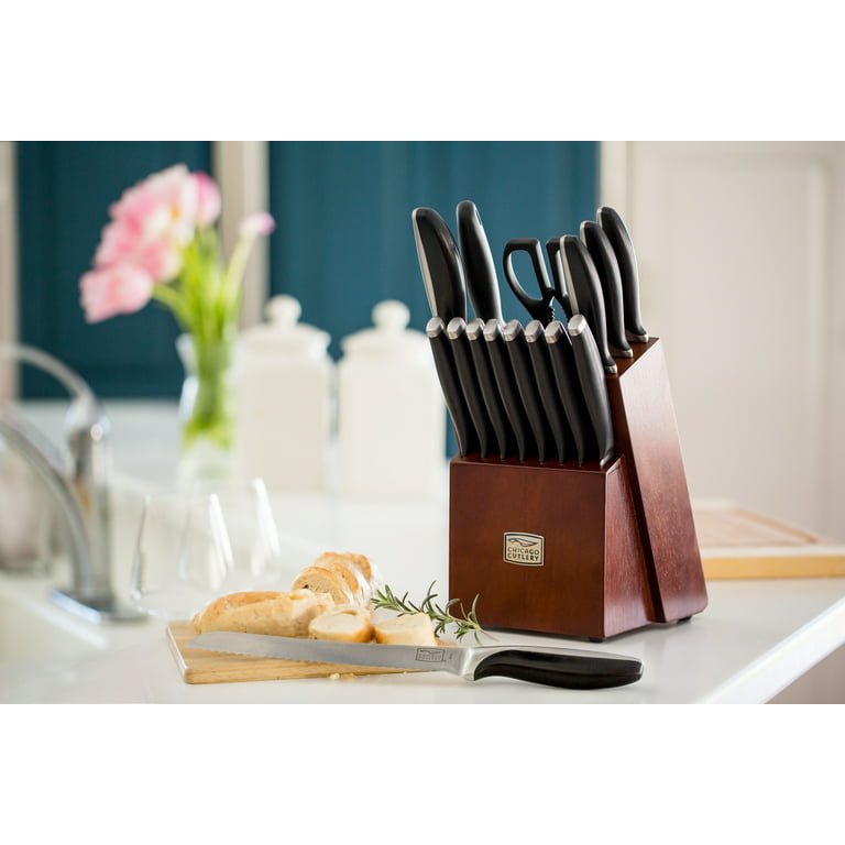  Chicago Cutlery Malden (16-PC) Kitchen Knife Block Set With  Wooden Block & Built-In Sharpener, Contoured Handles and Sharp Stainless  Steel Professional Chef Knife Set & Scissors: Home & Kitchen