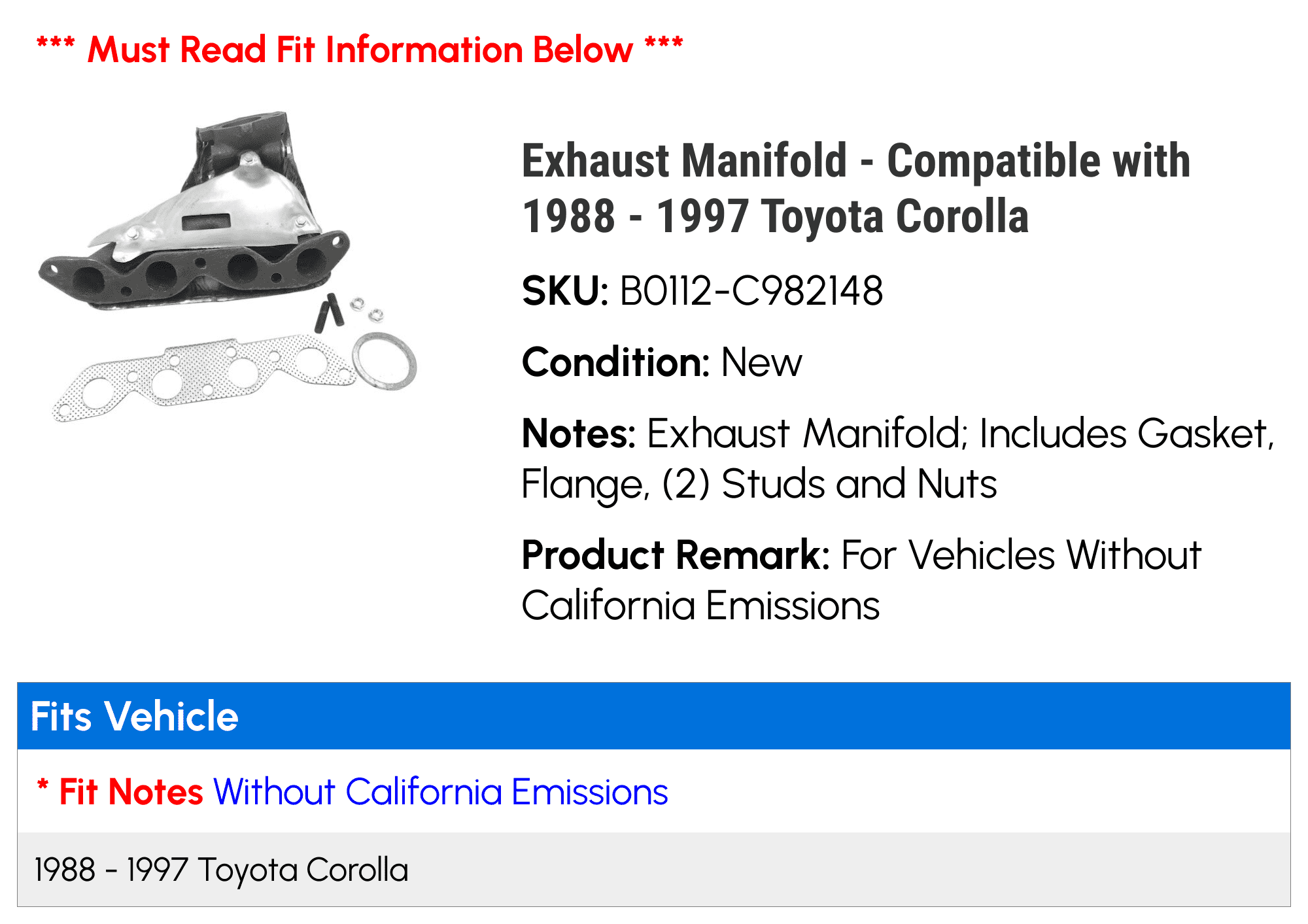 Exhaust Manifold - Compatible with 1988 - 1997 Toyota Corolla 1989 1990 1991 1992 1993 1994 1995 1996