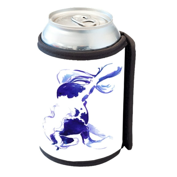 KuzmarK Insulated Drink Can Cooler Hugger - Prancing Piebald Gypsy Vanner Stallion in Purple and Blue Abstract Horse Art by Denise Every