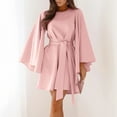 thumbnail image 5 of Women's Solid Color Satin Dress Bell-Sleeve Long Sleeve Casual Crew Neck Ruched Tie Waist Party Mini Dress, 5 of 7