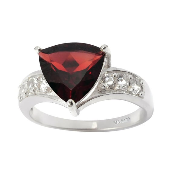 Sterling Silver with Natural Garnet and White Topaz Trillion Ring for Women