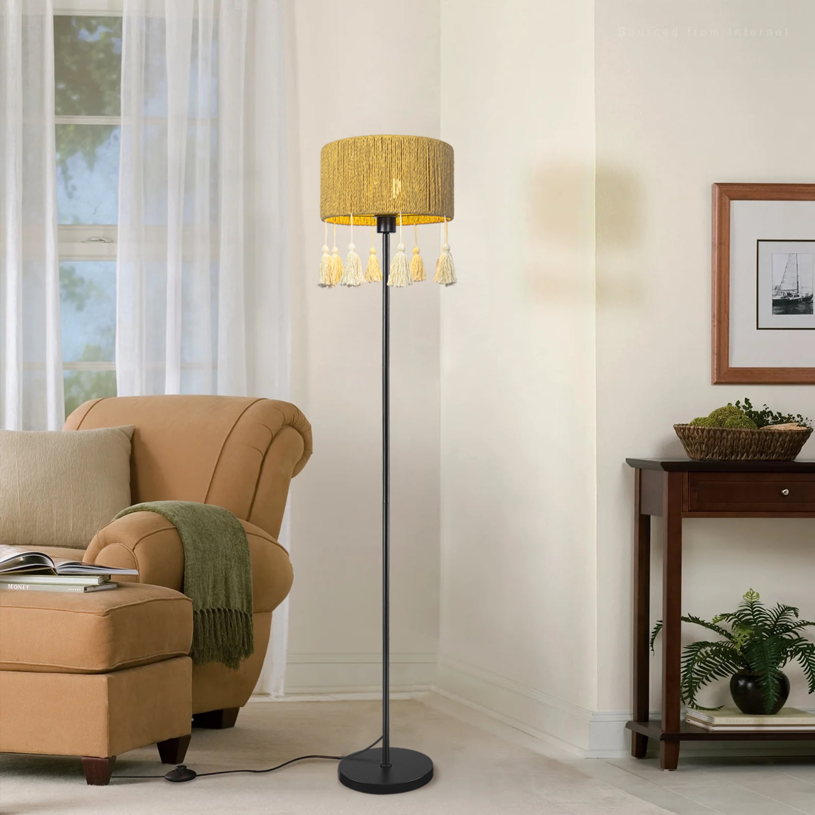 Paper Woven Fringe Floor Lamp with Foot Switch, Standing Lamp for Living Room Bedroom Sofa Reading