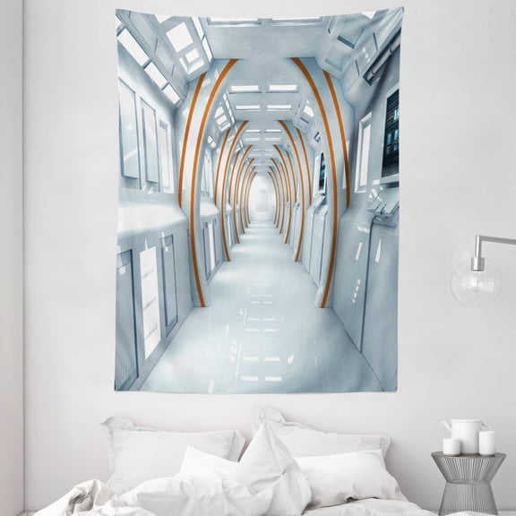 Fantasy Tapestry, Futuristic Hallway of Spaceship Digital Architecture Sci Fi Style Inner View, Wall Hanging for Bedroom Living Room Dorm Decor, 60W X 80L Inches, Baby Blue Orange, by Ambesonne