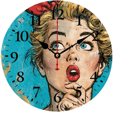 9.84 Inch Wall Clock, Battery Operated Round Analog Clock with Easy to Read Numbers, Pop Art Woman Portrait Decorative Clock, Retro Modern Wall Decor for Living Room Bedroom Kitchen Office Home Decor