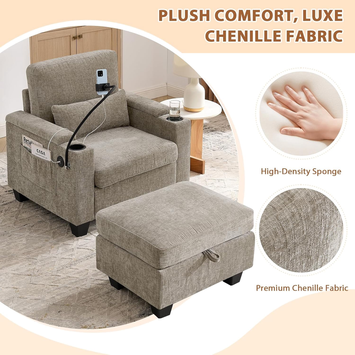 MOONMISS Oversized Chaise Lounge Chair Indoor, Single Convertible Recliner Reading Arm Sofa Chair W/Adjustable Backrest & Charging Port Couch Bed for Living Room, Home Theater & Bedroom,Brown