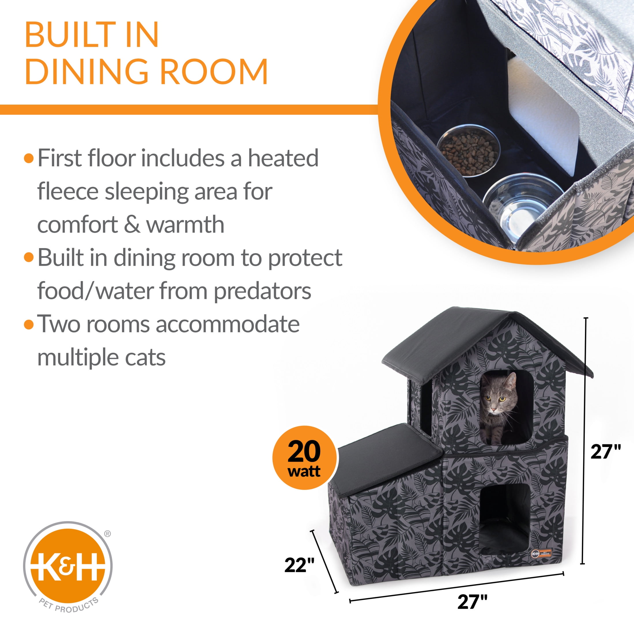 K&H Pet Products Two-Story Outdoor Kitty House with Dining Room Heated Gray Leaf 27 X 22 X 27