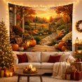 thumbnail image 3 of Autumn Porch with Pumpkins and Lantern on Stone Path, Peaceful Farmhouse for Nature Enthusiasts, Cozy Rustic Scene Art, Thanksgiving Gift Tapestry Wall Hanging for Living Room and Bedroom, 3 of 7