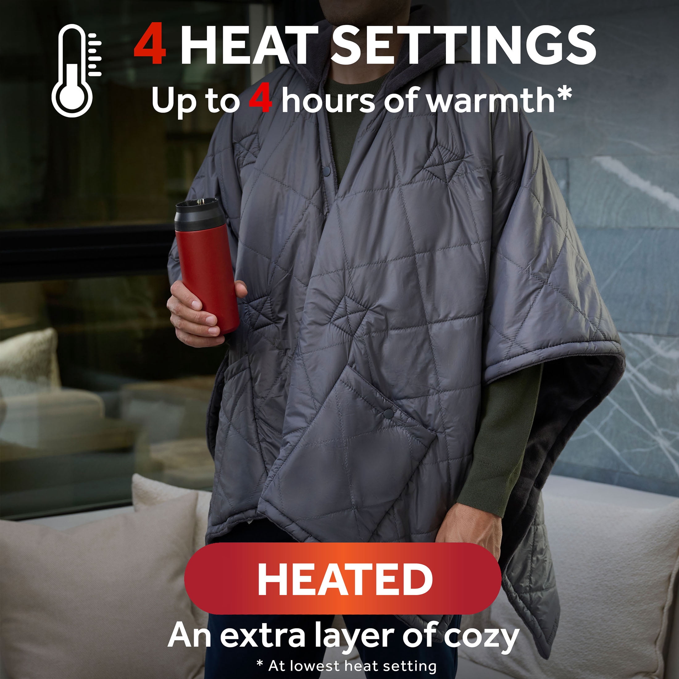 (6 pack) Sunbeam On-The-Go Outdoor Throw Charcoal Nylon Microplush, 4 Heat Settings, Cordless Heated Blanket, 50" x 60"