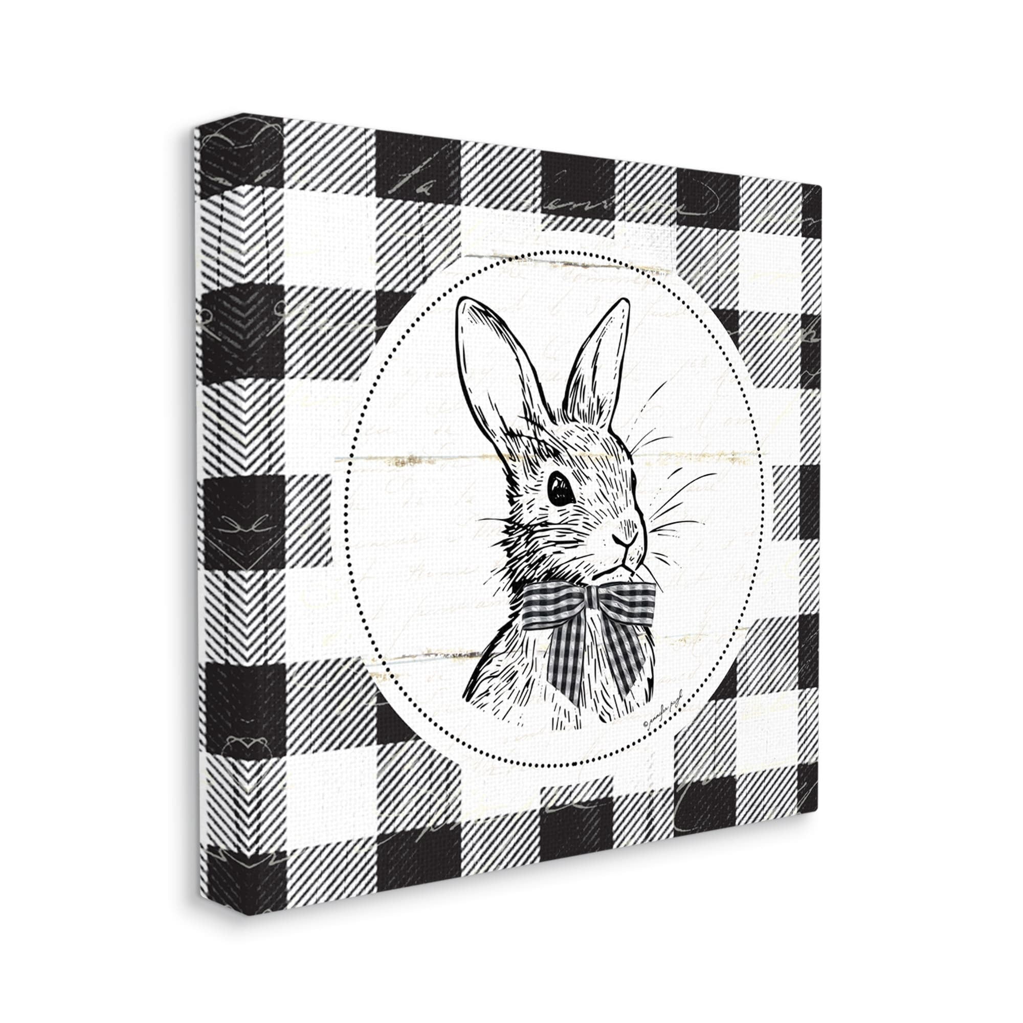 Detailed Easter Bunny Drawing Spring Plaid Border Animals & Insects Graphic Art Gallery-Wrapped Canvas Print Wall Art