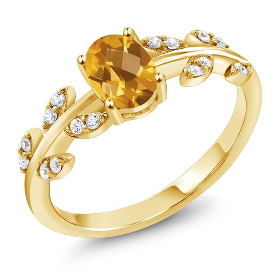 Gem Stone King 18K Yellow Gold Plated Silver 0.93 Ct Oval Checkerboard Yellow Citrine Greek Olive Vine Branch Engagement Ring