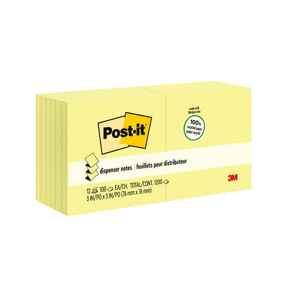 Recycled Pop-Up Notes, 3 X 3, Canary Yellow, 100-Sheet, 12/pack | Bundle of 5 Packs