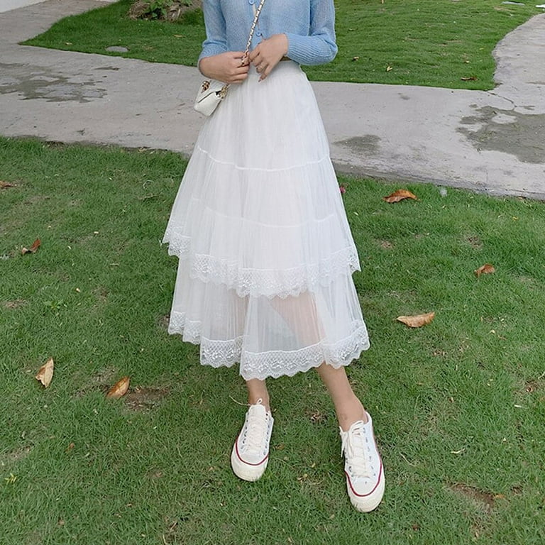 DanceeMangoo Summer Lace Hollow Out Long Skirts Women Large Size S 5XL Mesh A line Skirt Woman Korean Fairy Pleated Skirt Femme Walmart