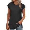 thumbnail image 2 of Fanxing Women's Cap Sleeve Summer Tops Round Neck Solid Color T-Shirts with Side Slit Black,S, 2 of 8