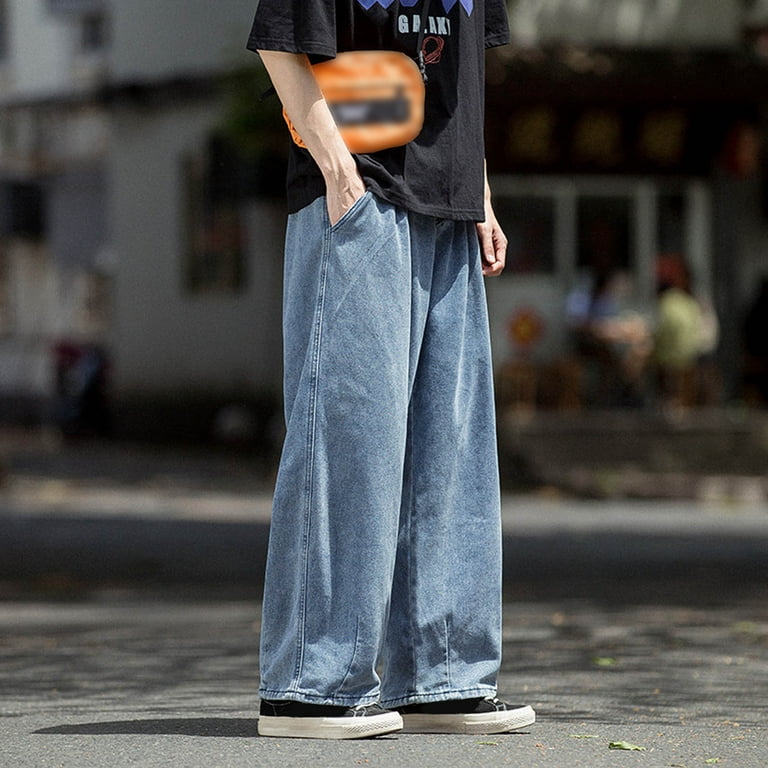 Shpwfbe Men's Jeans Fashion Plus Size Loose Elastic Waist Street Wide Leg  Trousers Jeans For Men Casual Pants 