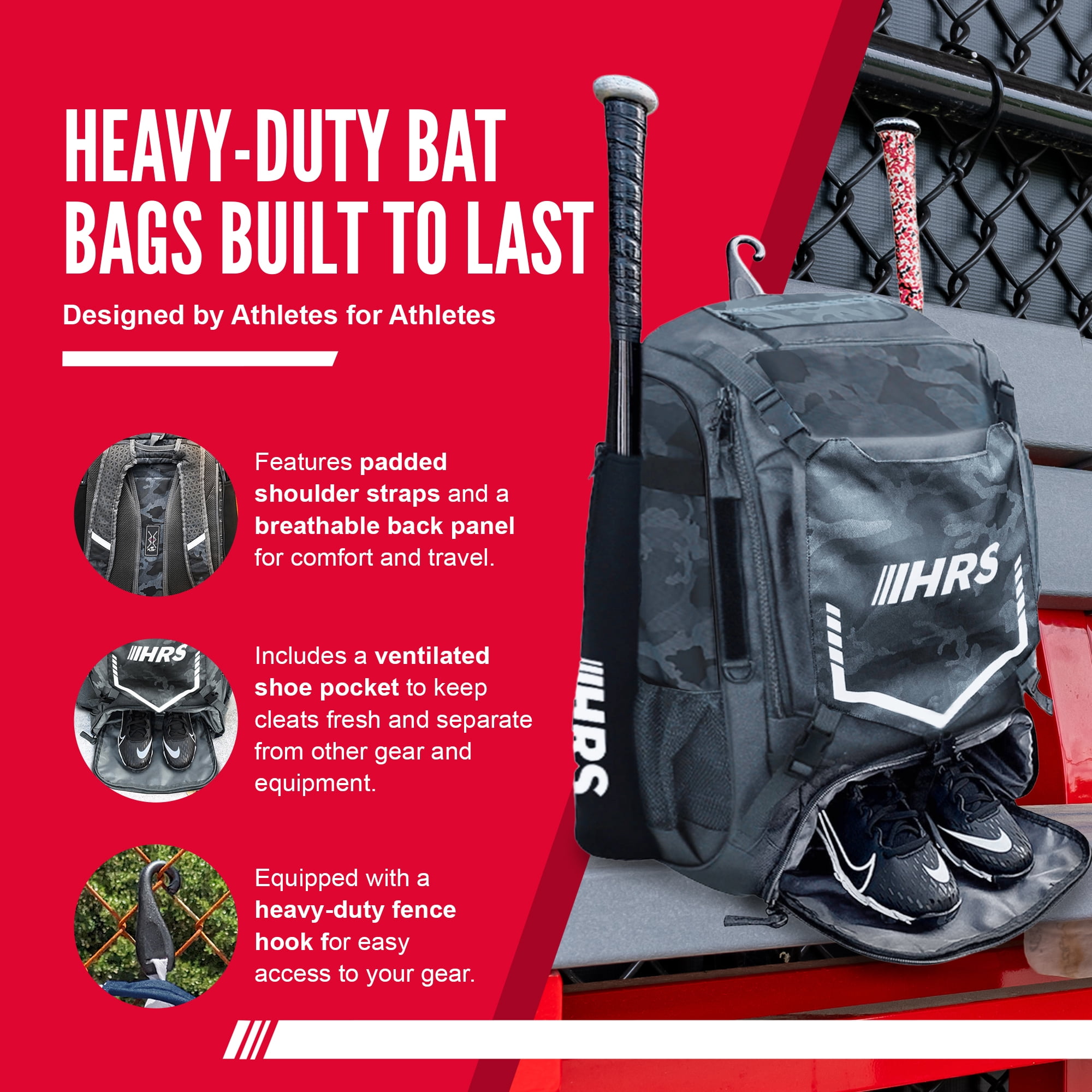 Hit Run Steal Bat Bag Backpack, Holds 4 Bats, Glove, and Helmet, Gray Camo